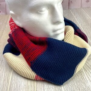 Look.  Knit unisex Red, Blue and Tan Infinity Scarf